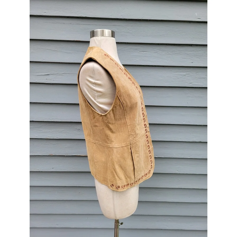 Vintage Outbrook Vest Camel Tan‎ Suede Leather Floral Embroidered Western M 8/10